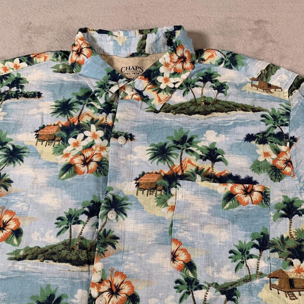 Chaps Shirt Mens Large Blue Floral Hawaiian Seacoast Wash Linen Rayon Button‎ Up - Picture 2 of 9
